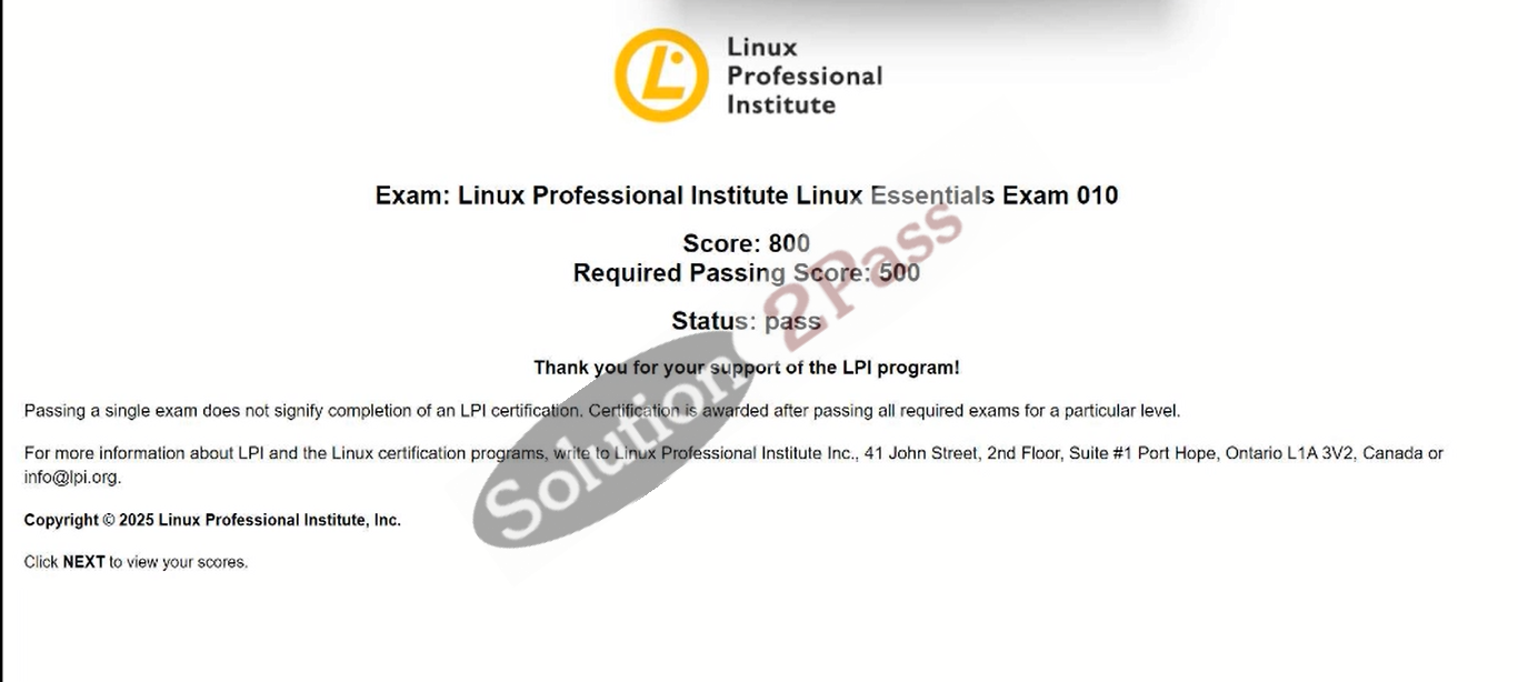 Validated 010-160 certification score card 1
