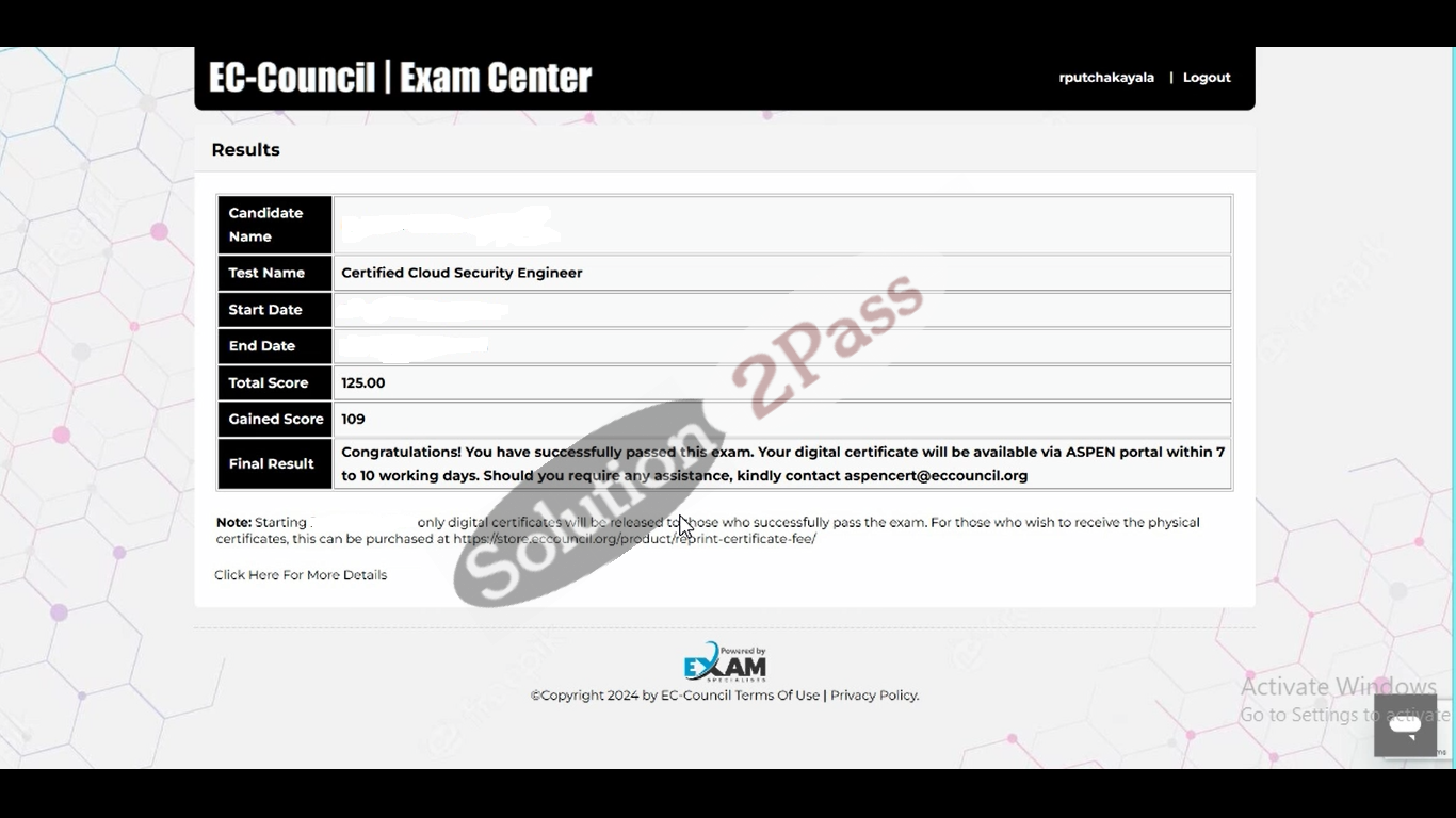 Validated 312-40 certification score card 1