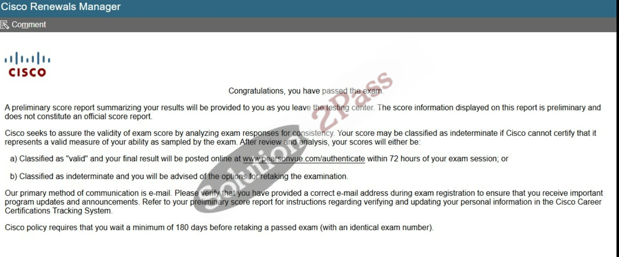 Validated 700-805 certification score card 2