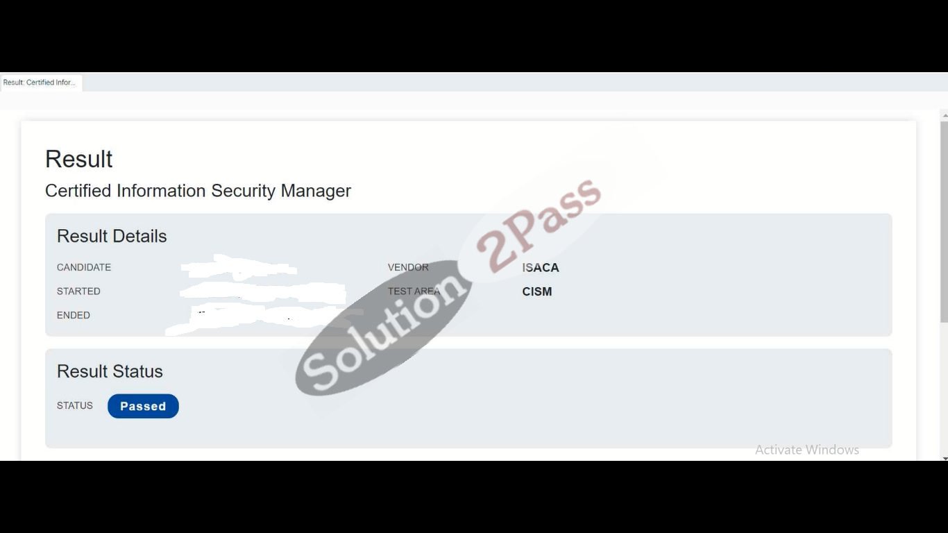 Validated CISM certification score card 1
