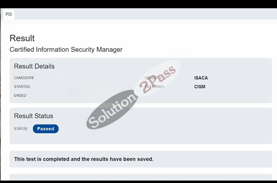Validated CISM certification score card 2