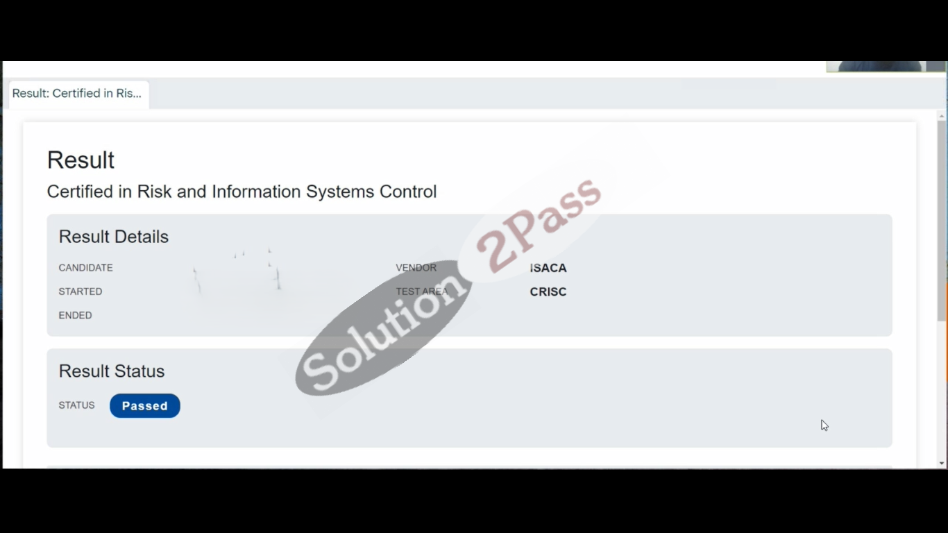 Validated CRISC certification score card 1