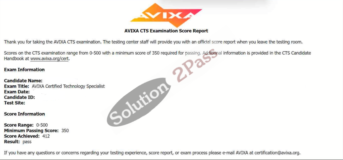 Validated CTS certification score card 1