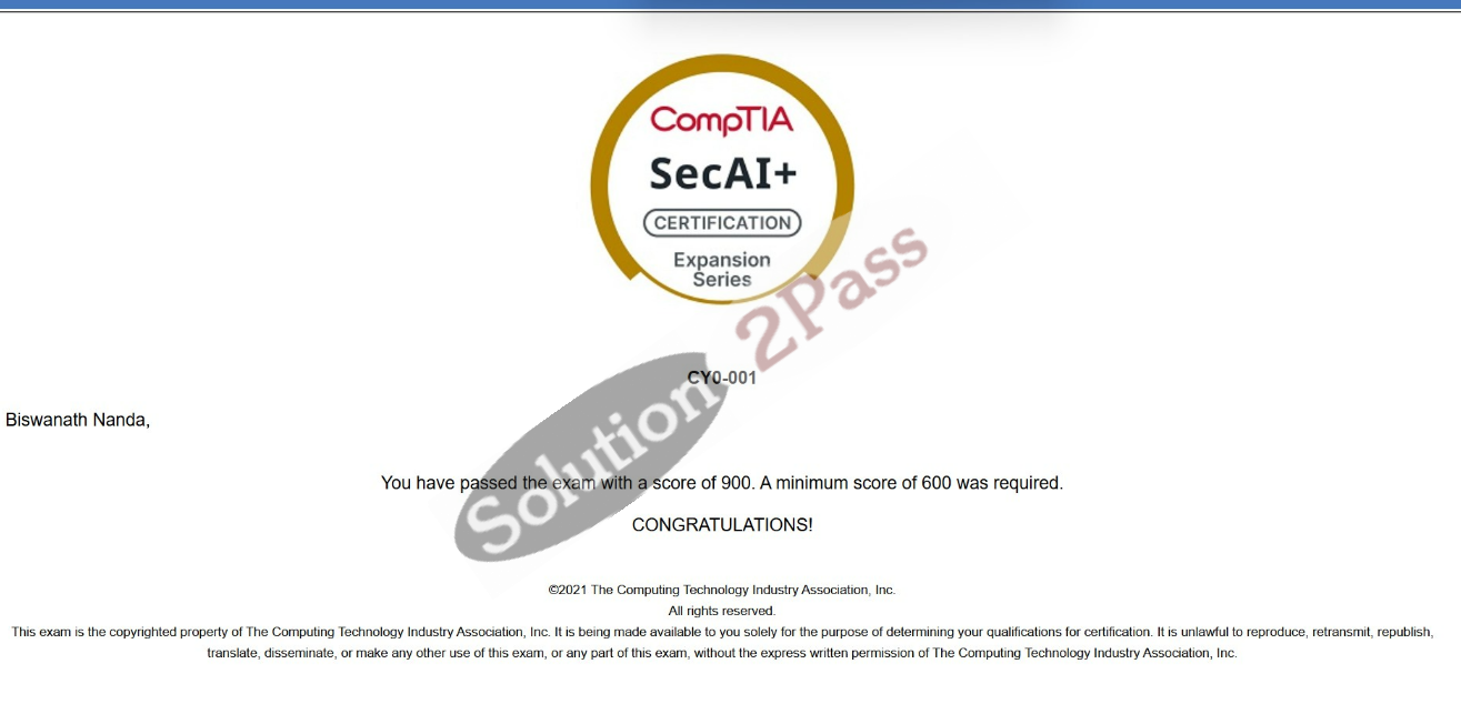 Validated CY0-001 certification score card 1