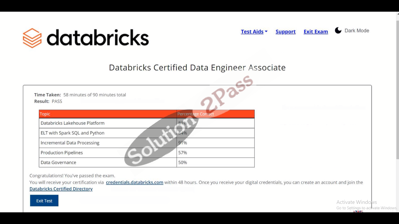 Validated Databricks-Certified-Data-Engineer-Associate certification score card 2