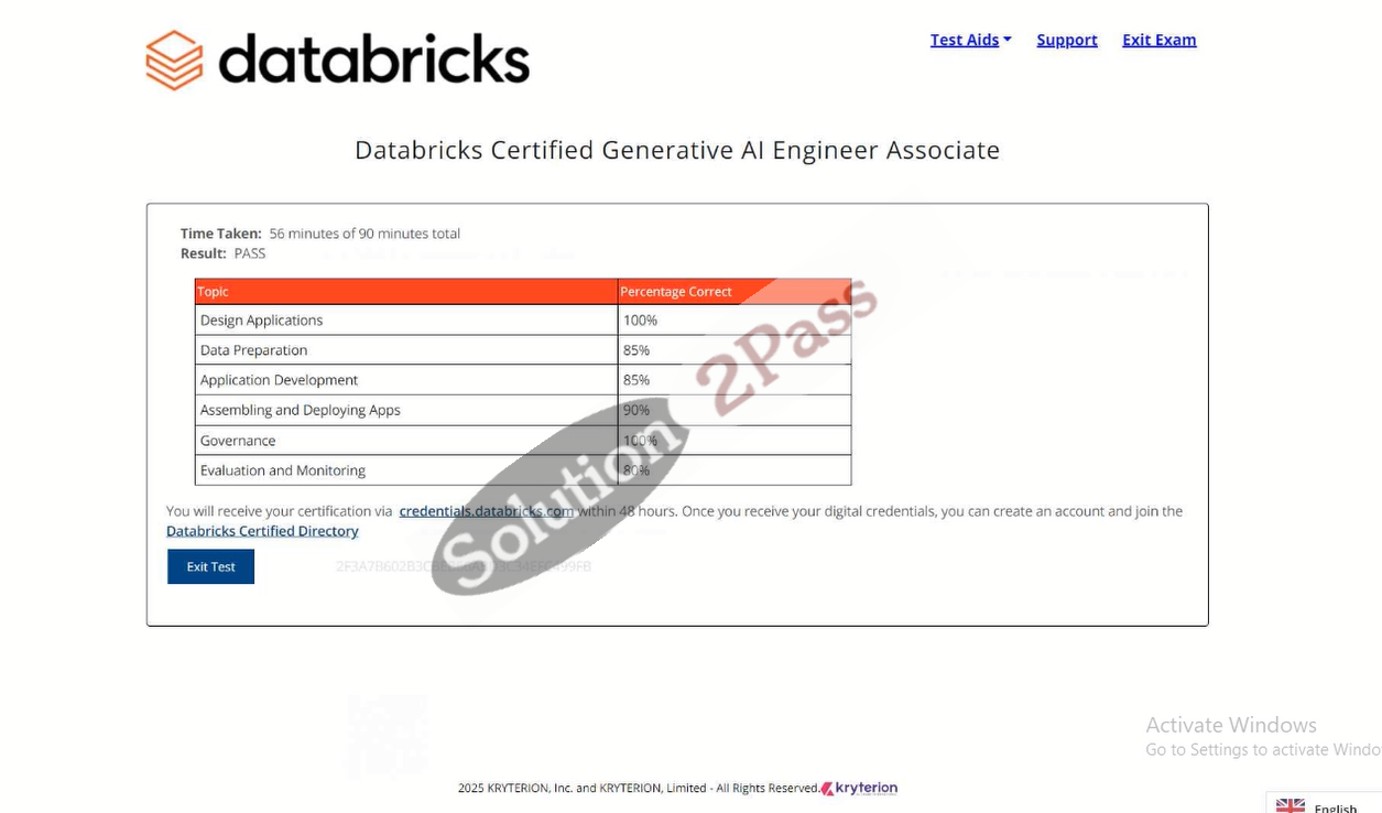 Validated Databricks-Generative-AI-Engineer-Associate certification score card 1