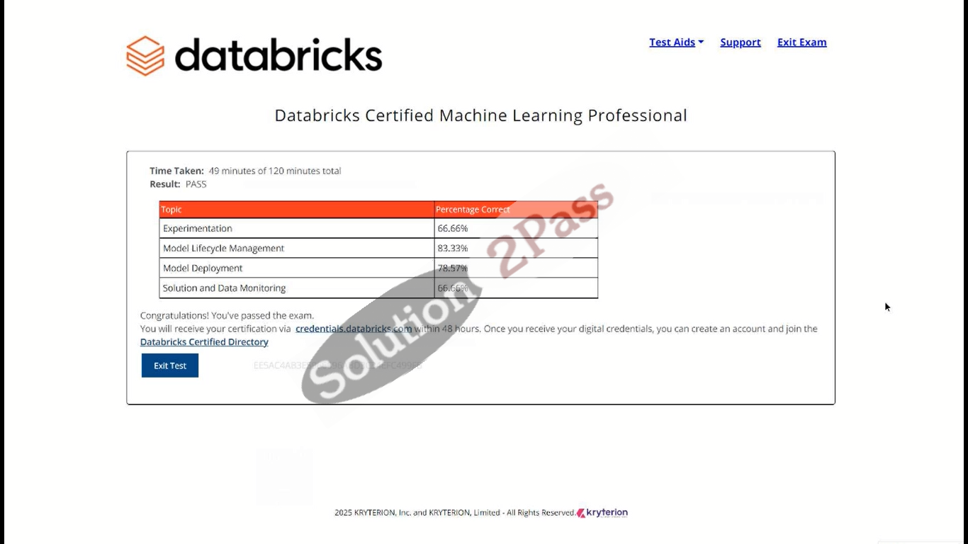 Validated Databricks-Machine-Learning-Professional certification score card 1