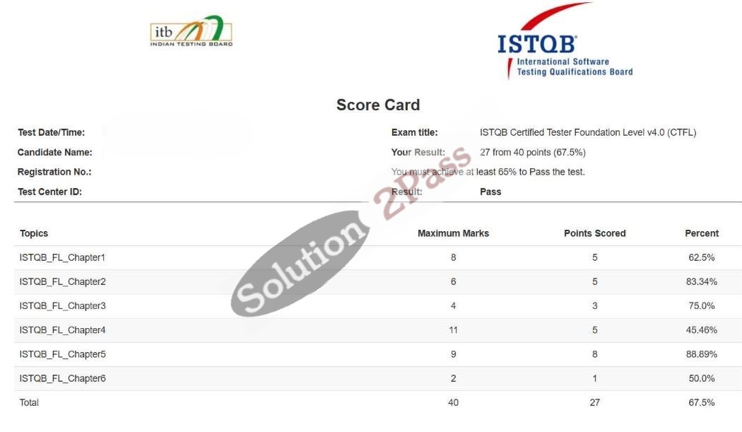 Validated ISTQB-CTFL certification score card 2