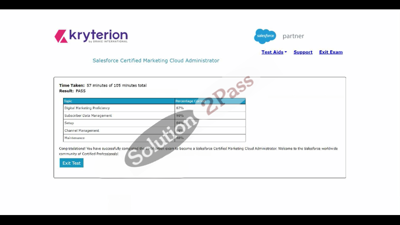 Validated Marketing-Cloud-Administrator certification score card 1