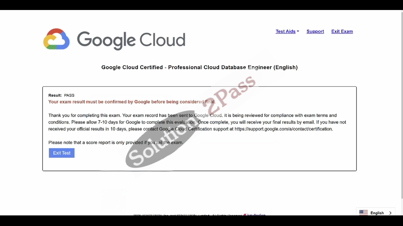 Validated Professional-Cloud-Database-Engineer certification score card 1