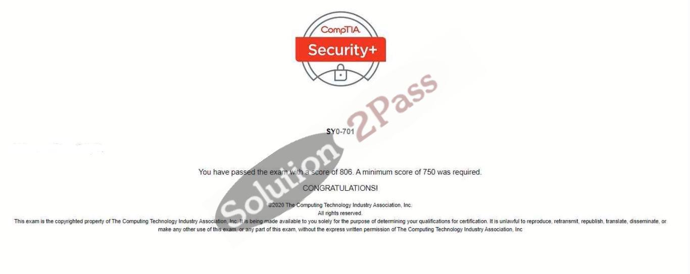 Validated SY0-701 certification score card 1