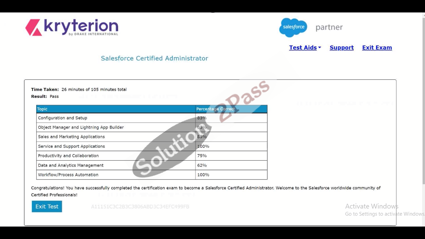 Validated Salesforce-Certified-Administrator certification score card 1