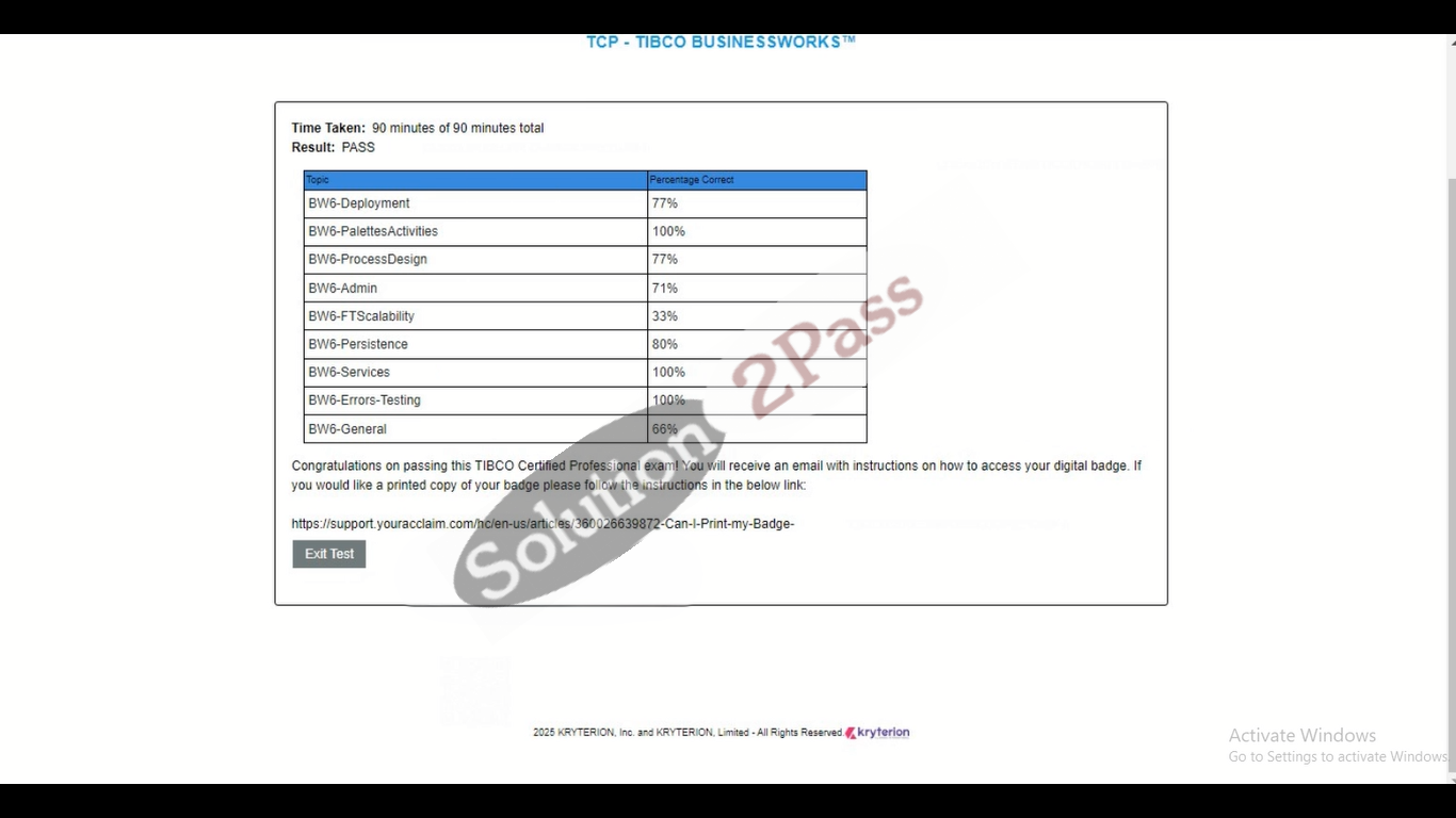 Validated TCA-Tibco-BusinessWorks certification score card 1