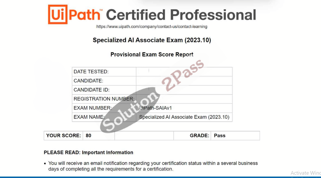 Validated UiPath-SAIAv1 certification score card 1